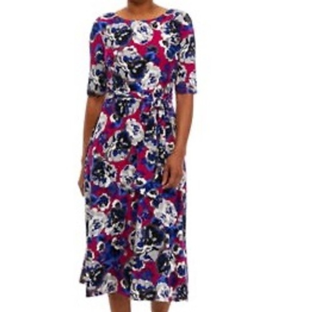 Kasper Floral Tie Waist Midi Dress Size 6 Pink Blue Gray Career‎ Casual Feminine